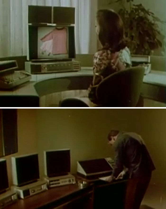 Woman viewing digital fashion, man using vintage tech, illustrating future predictions.