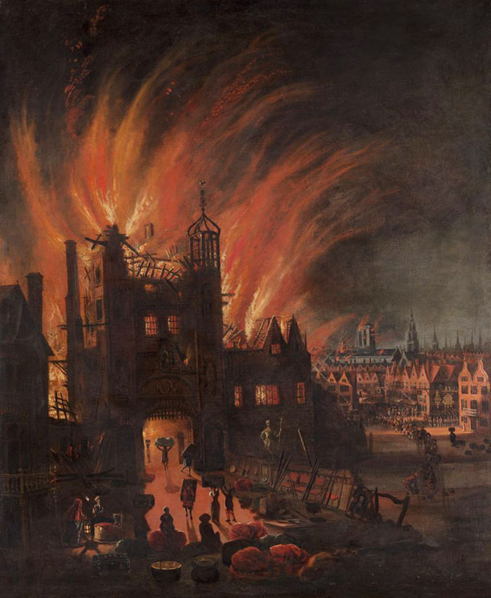 Historic city engulfed in flames, illustrating a predicted major event.