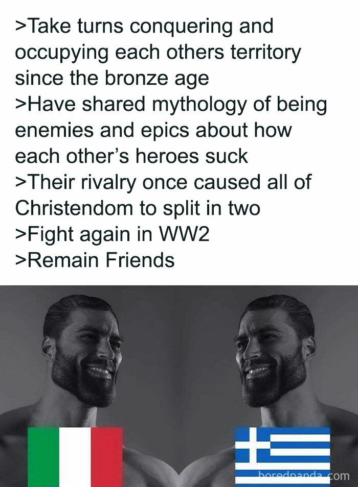 Two muscular men representing Italy and Greece flags with text about their historical rivalry in entertaining history memes.