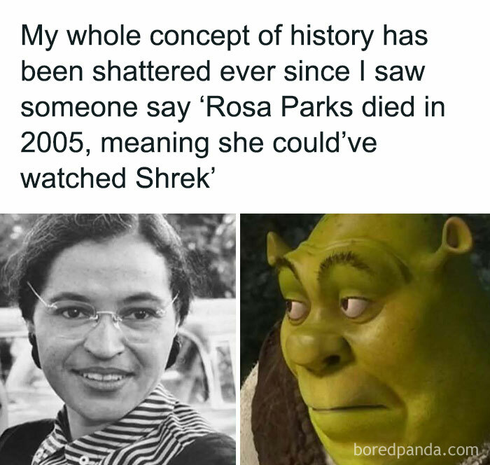 Alt text: History meme referencing Rosa Parks' death in 2005 and watching Shrek, highlighting entertaining history class content.