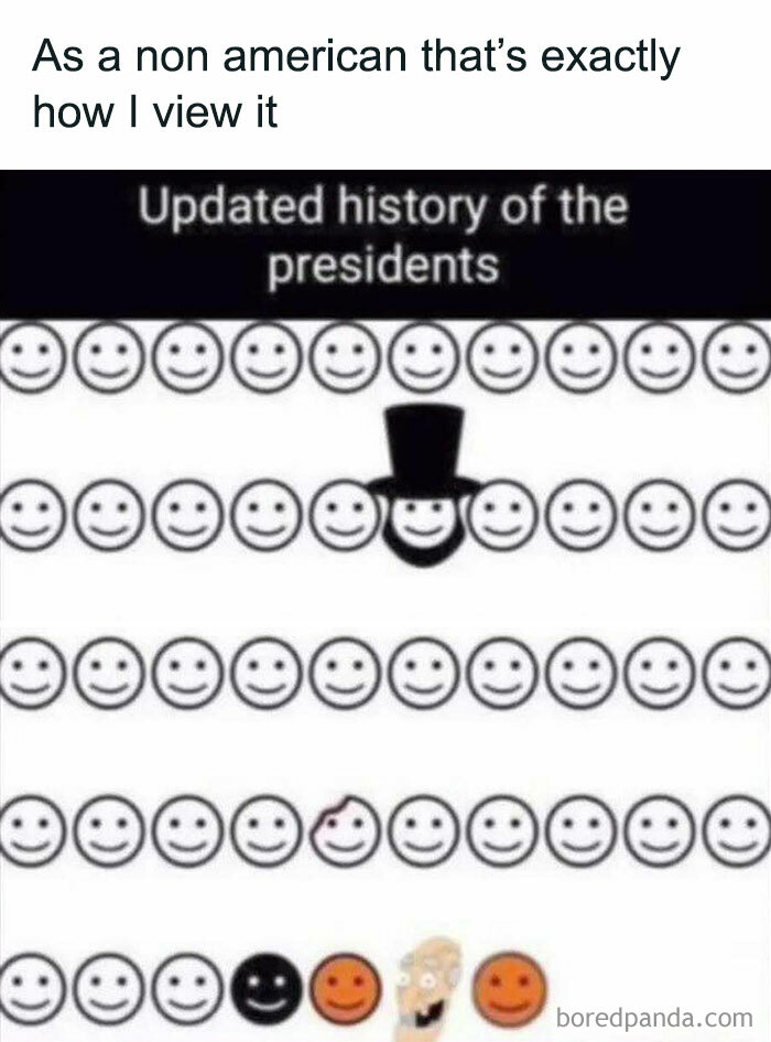 Updated history of the presidents meme showing smiley faces with one Abraham Lincoln face and diverse colored faces at the bottom.
