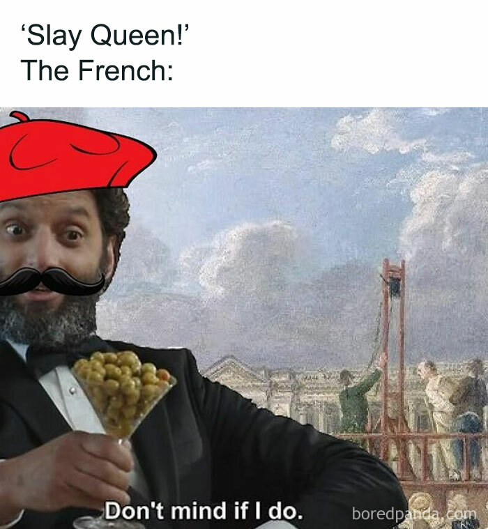 French history meme featuring a man with a beret and mustache holding olives, referencing entertaining history memes.