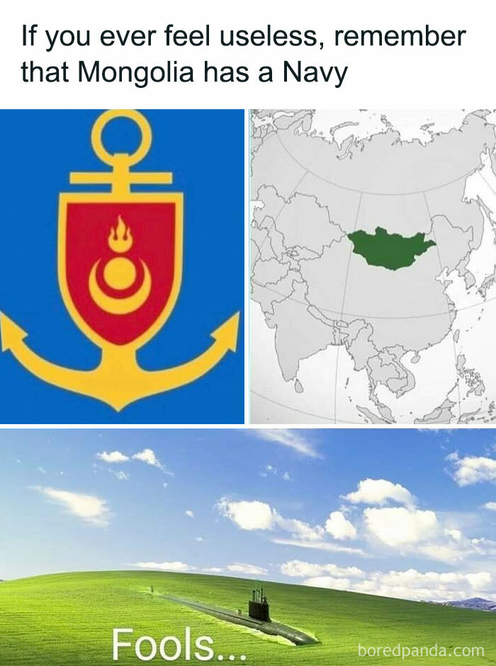 Mongolia navy meme showing country map, naval insignia, and submarine in a green field, history class humor.