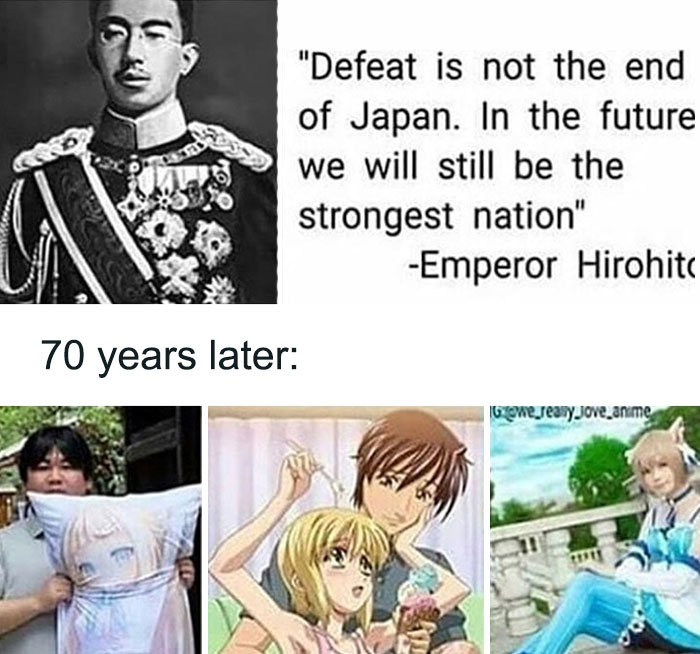 Historical meme featuring Emperor Hirohito's quote about Japan's future and modern anime-related images 70 years later.