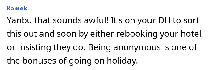 Comment discussing vacation challenges and hotel rebooking.