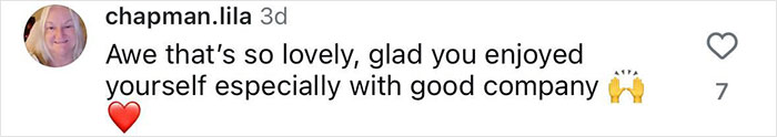 Comment expressing happiness about enjoying good company, with supportive emojis.