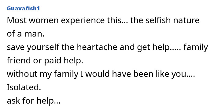 Comment discussing challenges new moms face with absent partner in parenting duties.