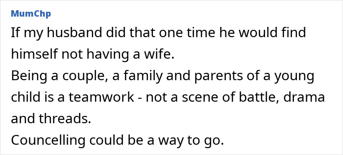 Comment discusses teamwork in parenting, suggesting counseling for family issues.