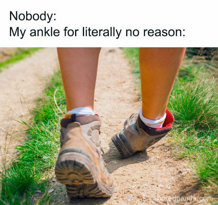 Close-up of hiker's feet on a trail humorously twisted.