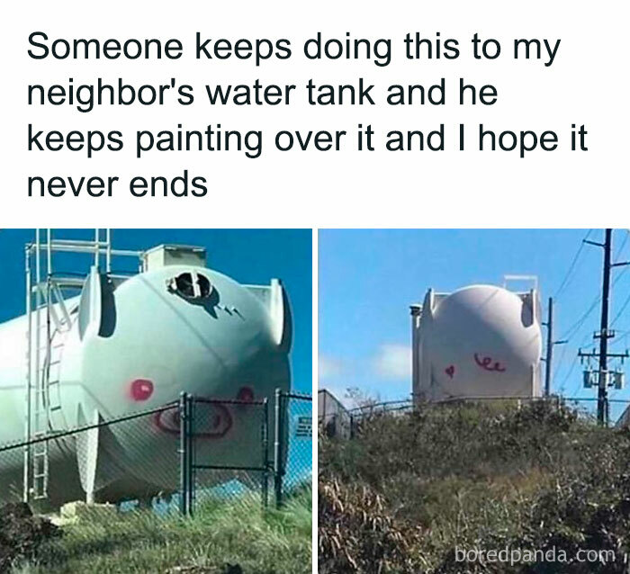 Water tank painted with a humorous face, capturing the essence of funny and relatable sarcasm memes.