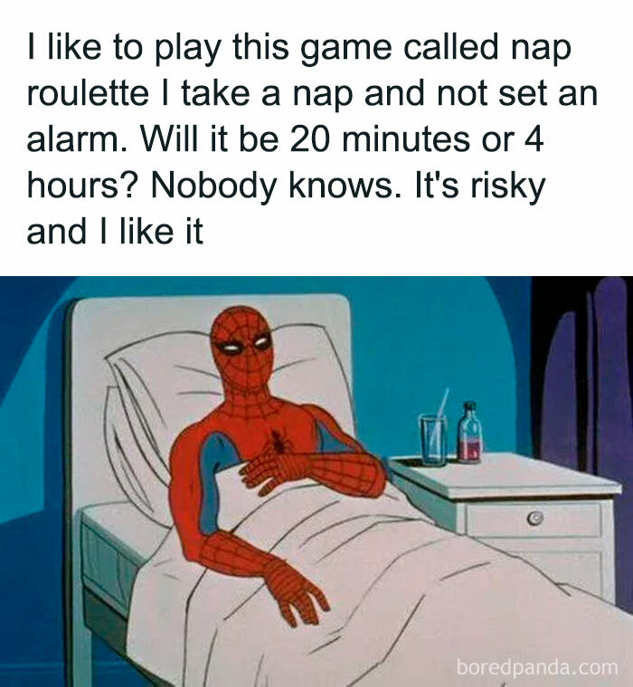 Spider-Man in bed with a humorous quote about unpredictable nap durations, illustrating fluent sarcasm in a meme.