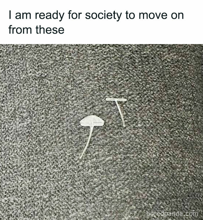 Funny, relatable sarcasm meme showing removed clothing tags on a carpet.