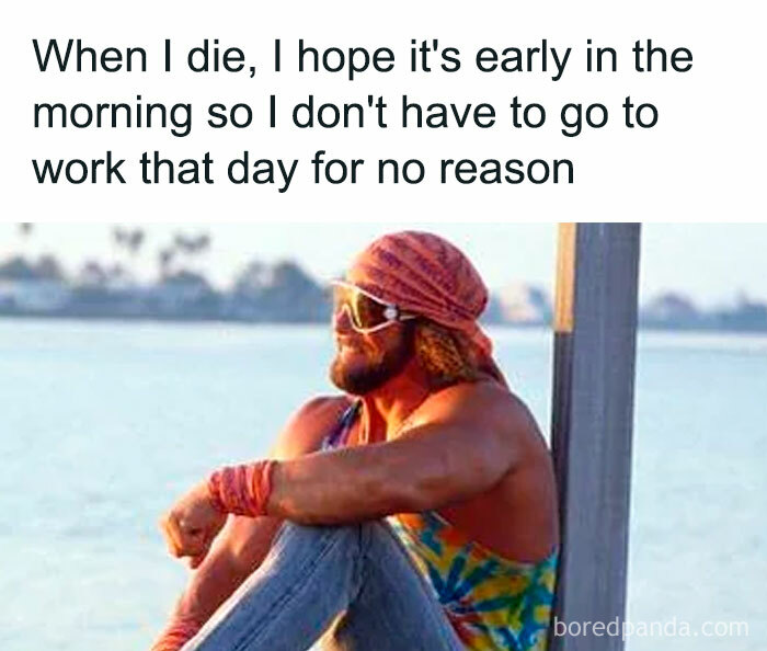 Man sitting by the water in colorful attire with a humorous meme about morning priorities, showcasing fluent sarcasm.