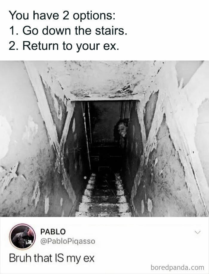 Two sarcastic meme options: 1. Take the stairs, 2. Return to ex. Tweet jokes, "That IS my ex."