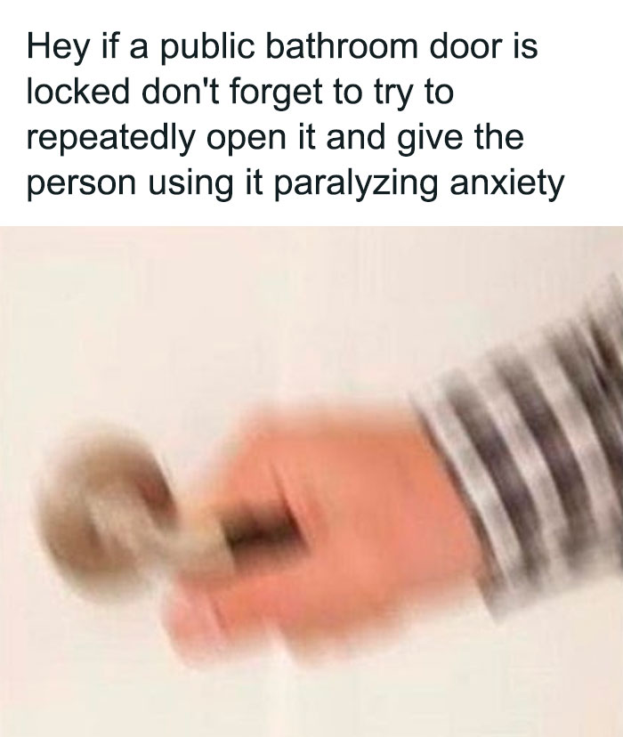Hand trying to open a locked door with funny sarcasm text about public bathroom anxiety.