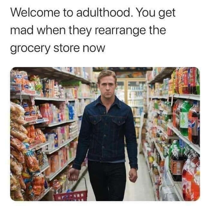 Man in a grocery store, looking serious, captures humorous take on adulthood and sarcasm.