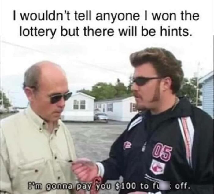 Two men in sunglasses having a humorous exchange in a trailer park, showcasing fluent sarcasm.