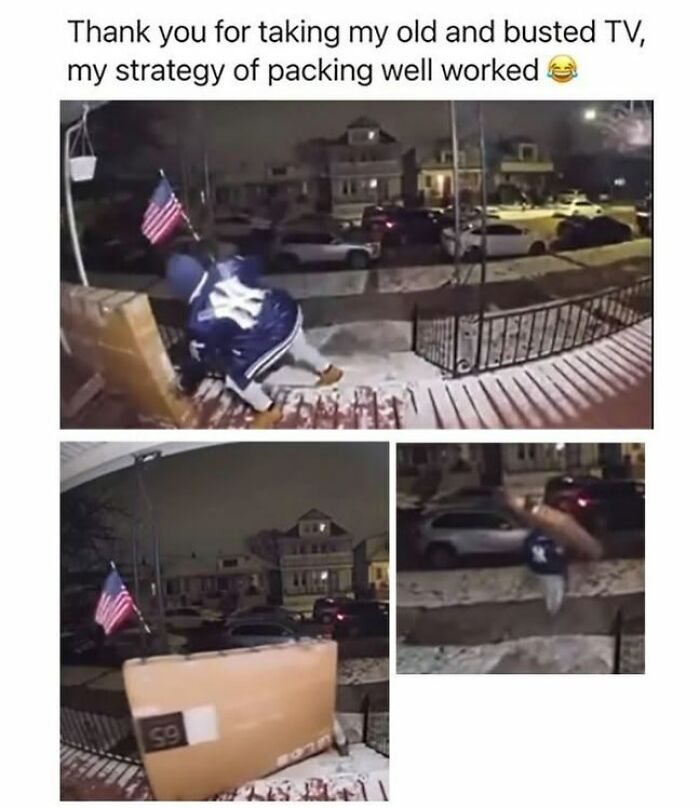 Person taking a box labeled TV from a snowy porch, with a sarcastic caption expressing gratitude and humor.
