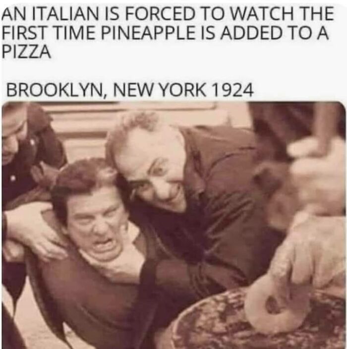 Sepia image humorously depicting an Italian man's reaction to pineapple on pizza, showcasing fluent sarcasm.