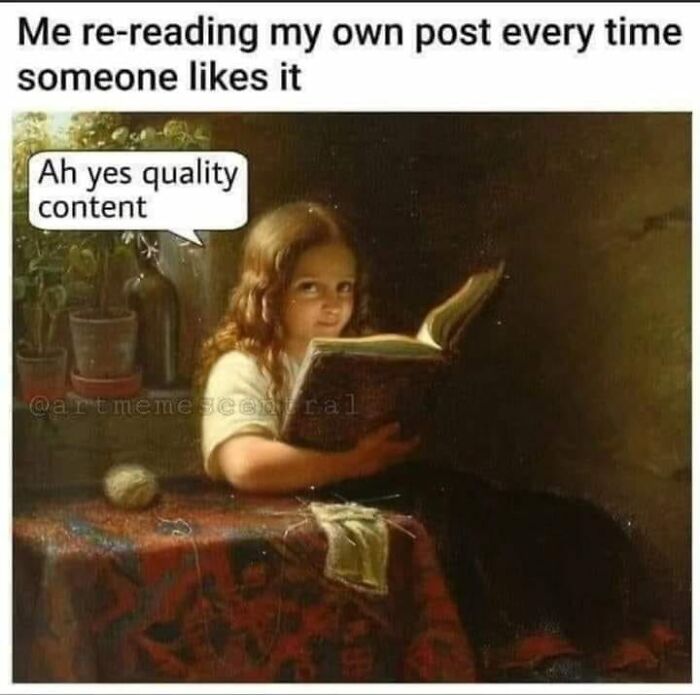Girl reading book with sarcastic expression, thinking "Ah yes, quality content." Funny and relatable meme vibe.