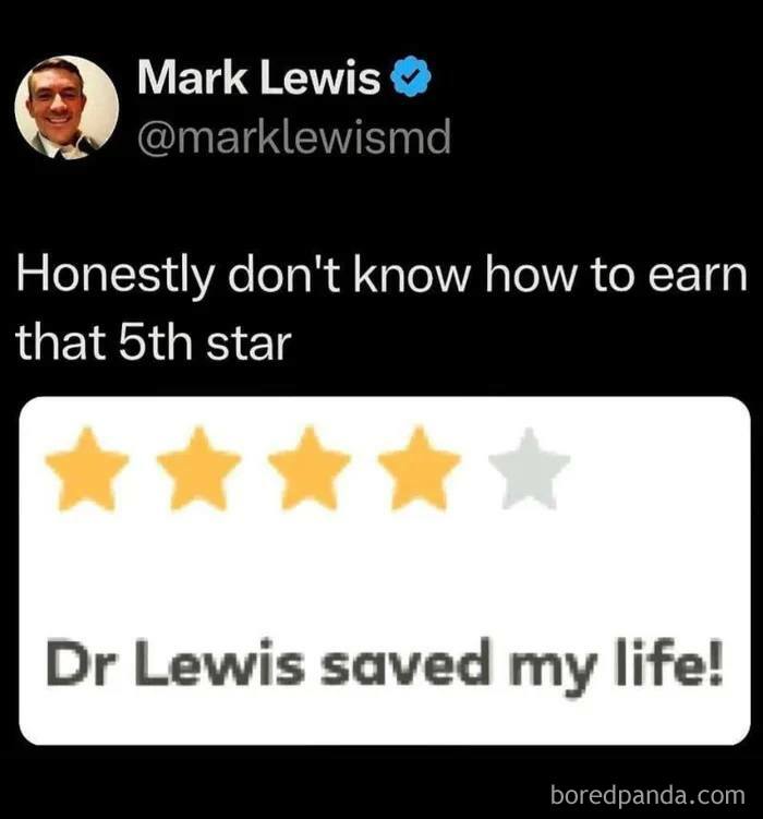 Tweet with sarcasm about four-star rating despite saving a life, expressing humor and relatable irony.