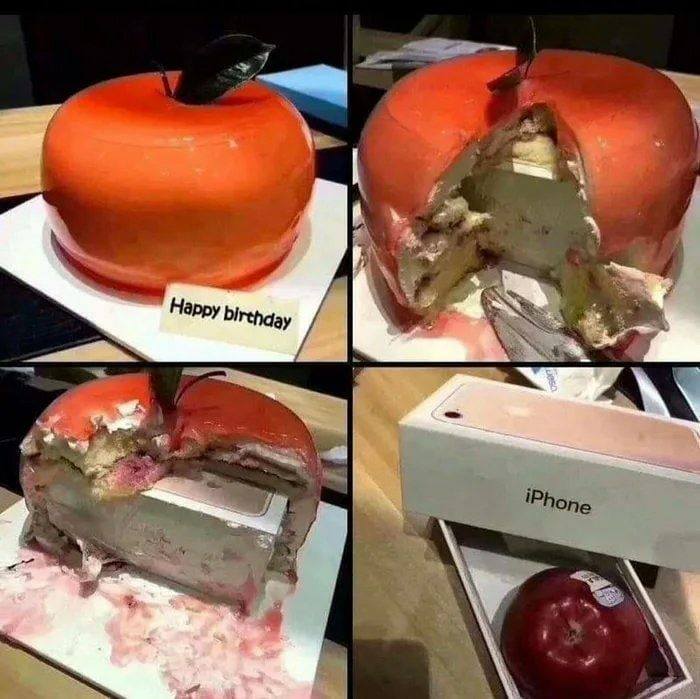 Apple-shaped cake revealing an iPhone box inside, embodying fluent sarcasm with a creative and humorous twist.