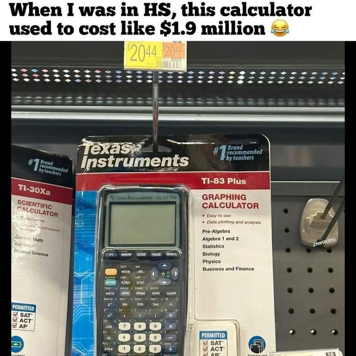 Graphing calculator with sarcastic text suggesting it once cost $1.9 million, priced now at $20.44.