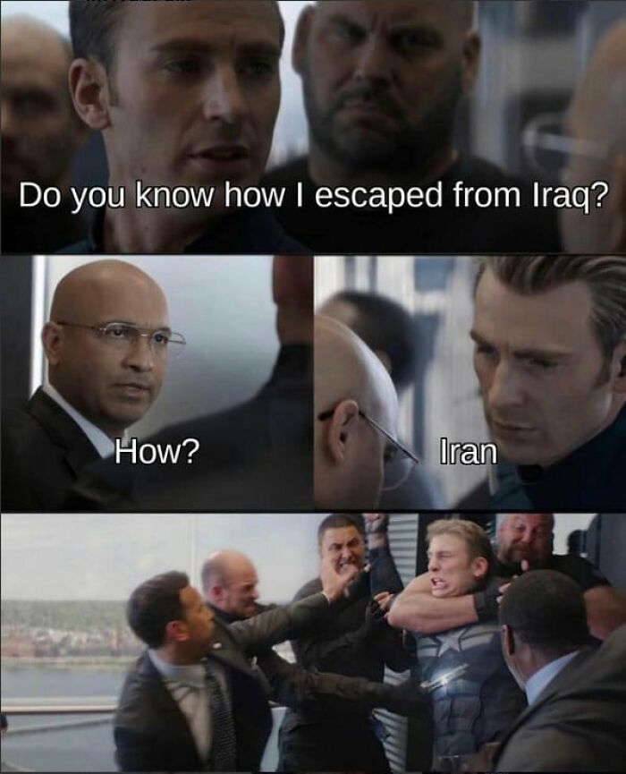 Group of people reacting to a sarcastic joke about escaping Iraq, featuring humorous dialogue and expressions.