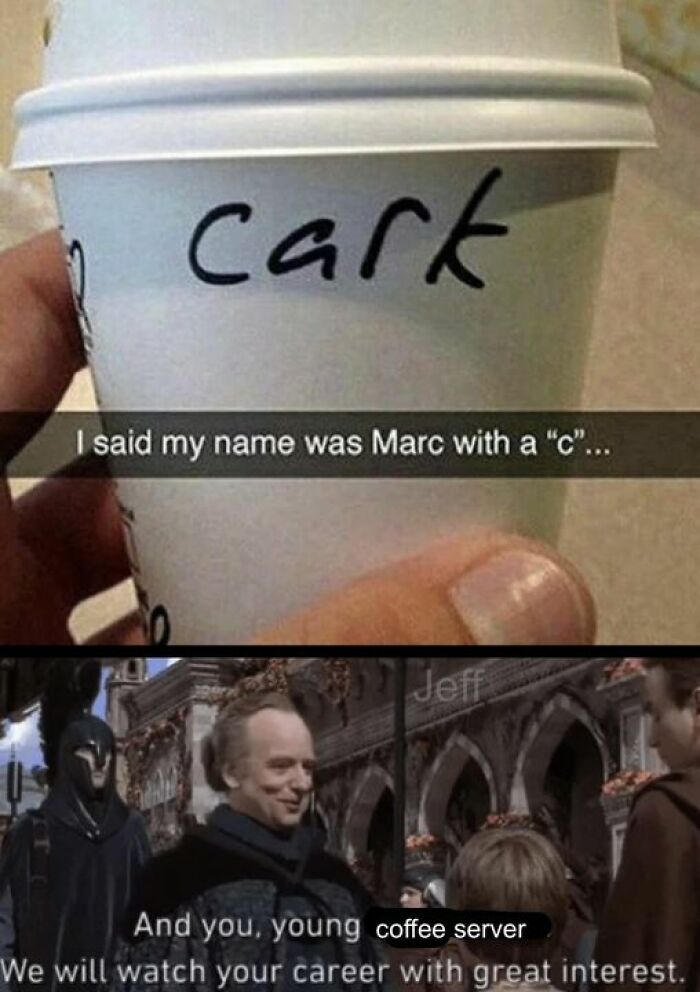 Coffee cup with "Cark" written, humorous meme about a name misinterpretation, featuring playful sarcasm.