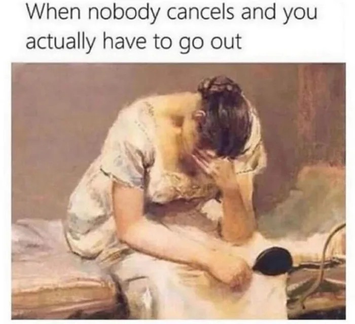 Vintage painting with a woman looking frustrated, capturing a sarcastic and funny meme vibe.