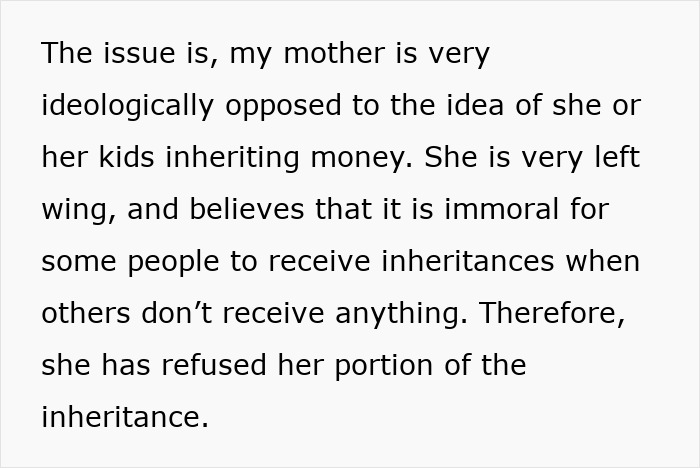 Text describing a woman's refusal of inheritance on moral grounds, believing it's unfair for some to receive money others don't.