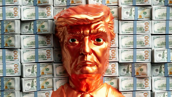 Golden bust in front of stacked hundred-dollar bills representing adults who threw memorable tantrums.
