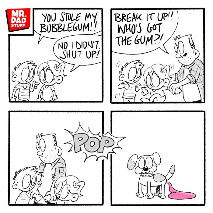 Comic of funny Mr. Dad Stuff scene with kids arguing over bubblegum, dad intervening, and dog appearing with gum.