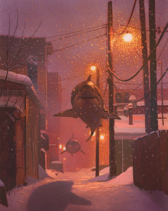 Surreal painting of sharks swimming through a snowy, lit-up urban landscape.