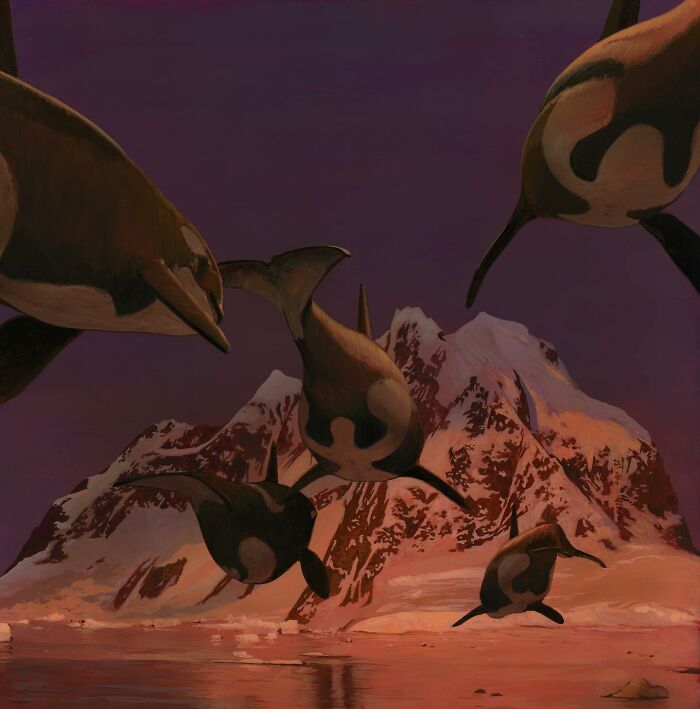Surreal painting of whales flying over a rugged, snowy mountain landscape at dusk.