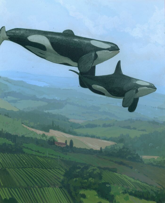 Surreal painting of two orcas swimming above a lush, green landscape.