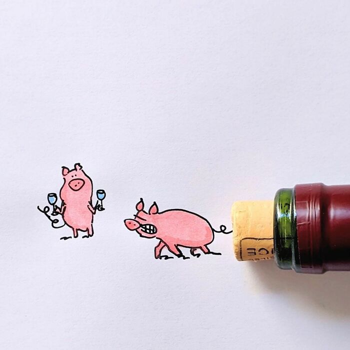 Playful illustration by Romain Joly featuring pigs and a cork creating a whimsical scene.