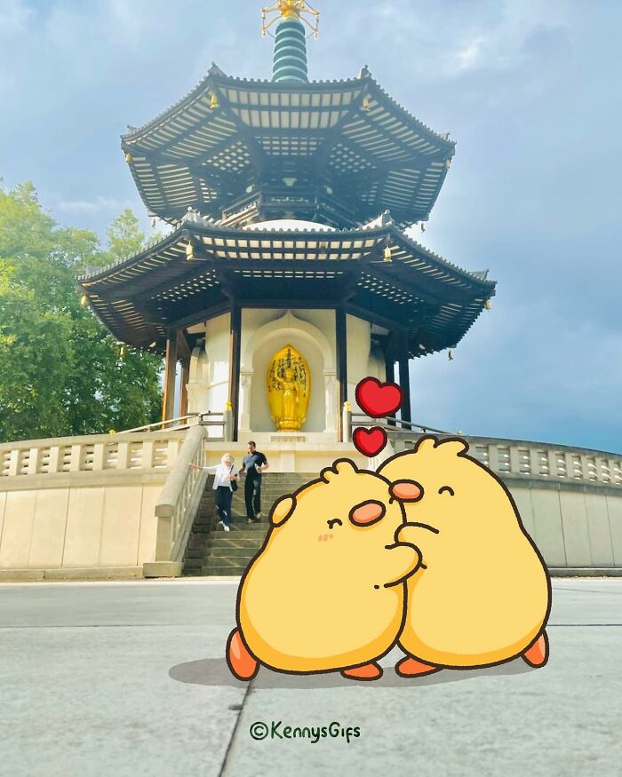 Cute animated characters Birb and Poku hug with hearts, in front of a pagoda, by Kenny Mays.