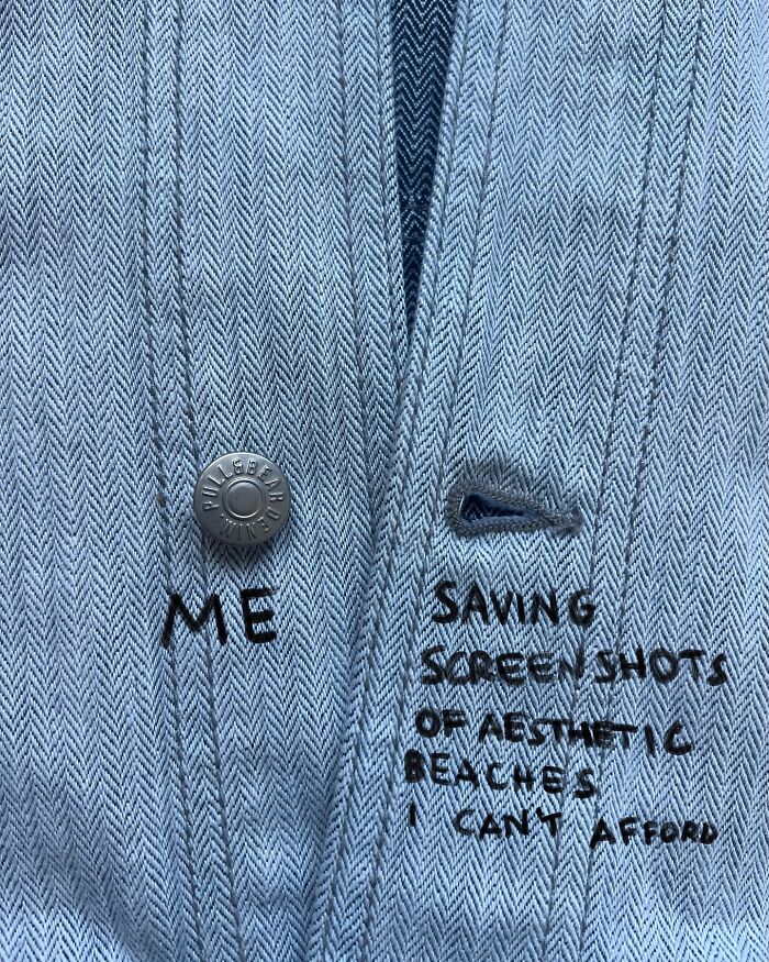 Jacket with text humorously describing screenshots of expensive beaches, exemplifying transformative artwork with common items.