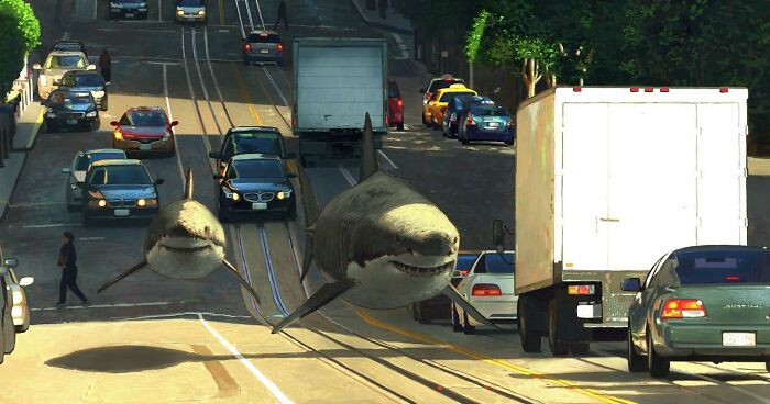 Sharks swimming between cars on a city street, surreal animals in urban landscape.