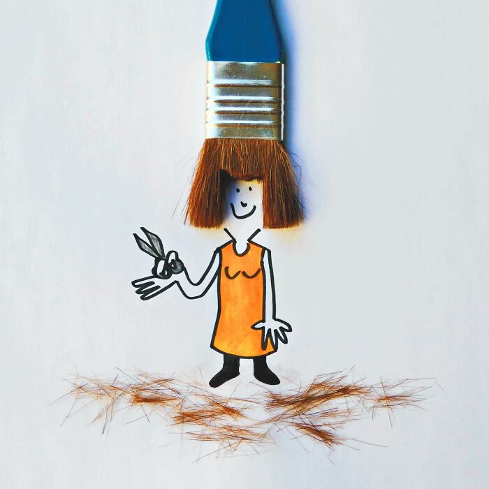 Playful illustration by Romain Joly featuring a paintbrush as a woman's hair in a creative drawing with scissors.