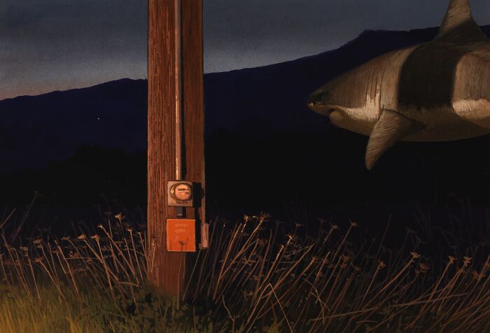 Shark swimming past a utility pole in a surreal landscape at dusk, highlighting the theme of animals in unexpected landscapes.