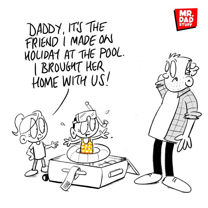 Dad looks shocked as a child reveals another kid in a suitcase, humorously depicting the chaos of parenting.