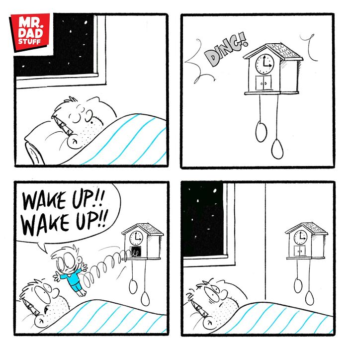 Funny Mr. Dad comic showing a dad startled awake by a cuckoo clock at night.
