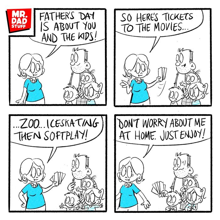 Dad receives Father's Day tickets for kids' activities, highlighting parenting chaos humor in a comic strip.