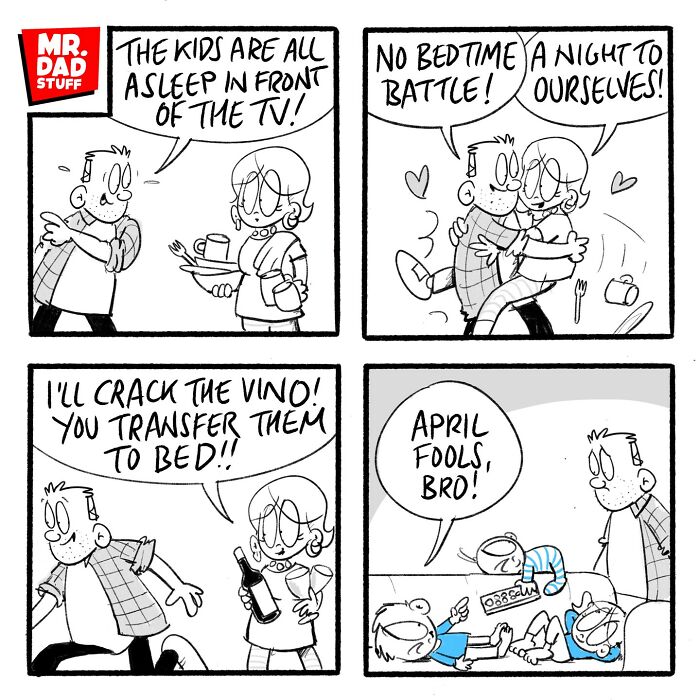Comic of parents celebrating kids asleep, planning a night alone, but it turns into a playful chaos.