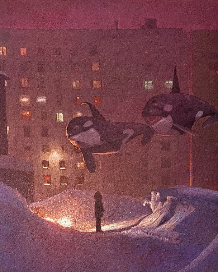 Surreal painting of orcas floating above snowy urban landscape at dusk, with a solitary figure below.