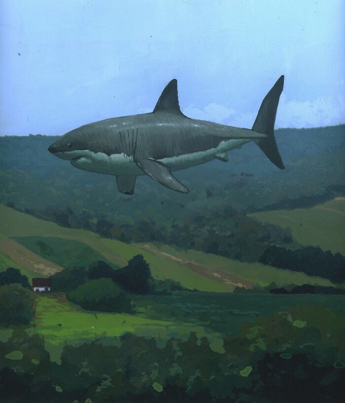 Surreal painting of a shark hovering over a lush, green landscape, illustrating animals in unexpected landscapes.