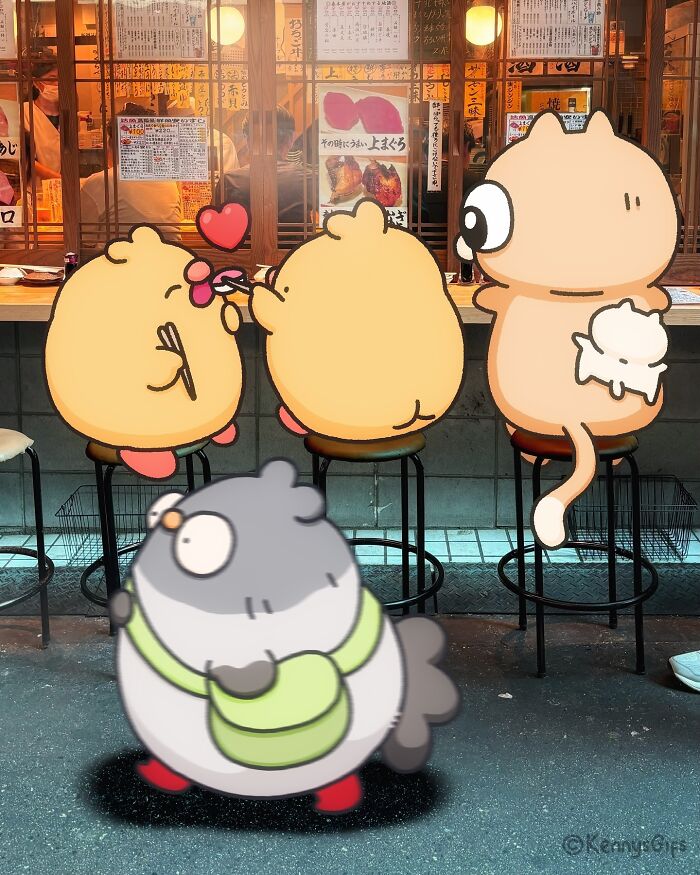Cartoon characters Birb, Bread, and Poku at a cozy eatery, interacting in an endearing scene.