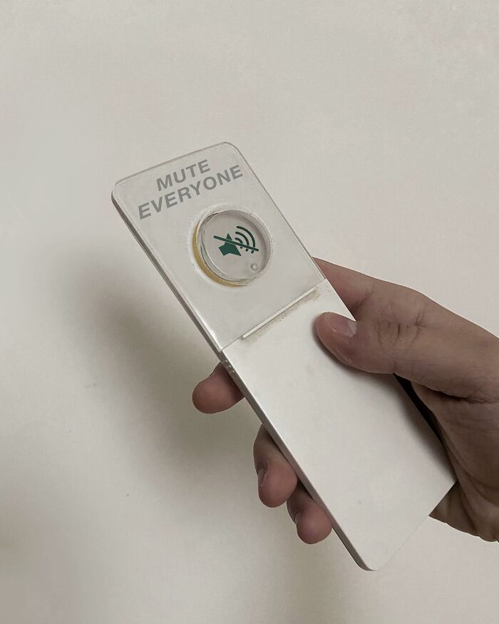 Hand holding a remote labeled "Mute Everyone," showcasing creative transformation of common items into art.